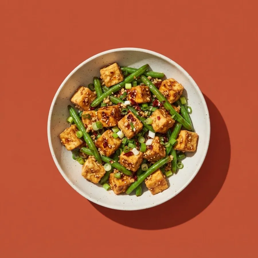 Crispy chilli tofu with green beans