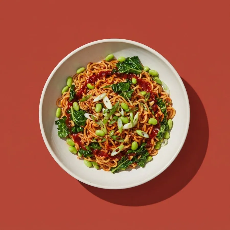 Gochujang noodles with kale and edamame
