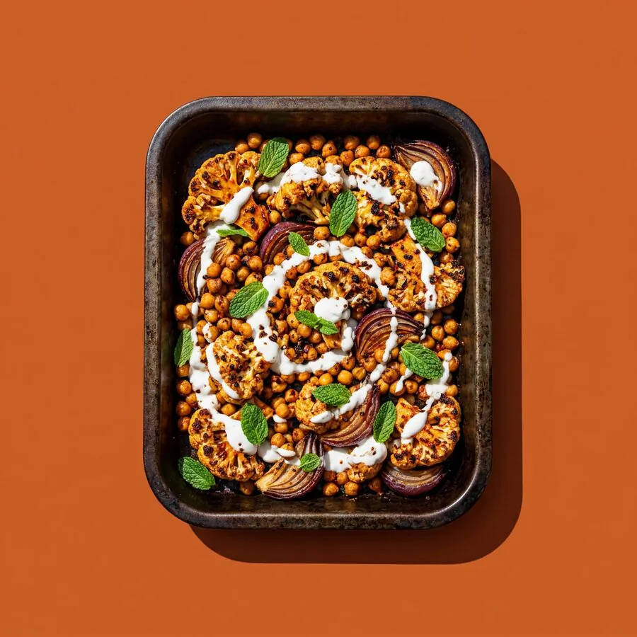 Assado de couve-flor e grão-de-bico com harissa
