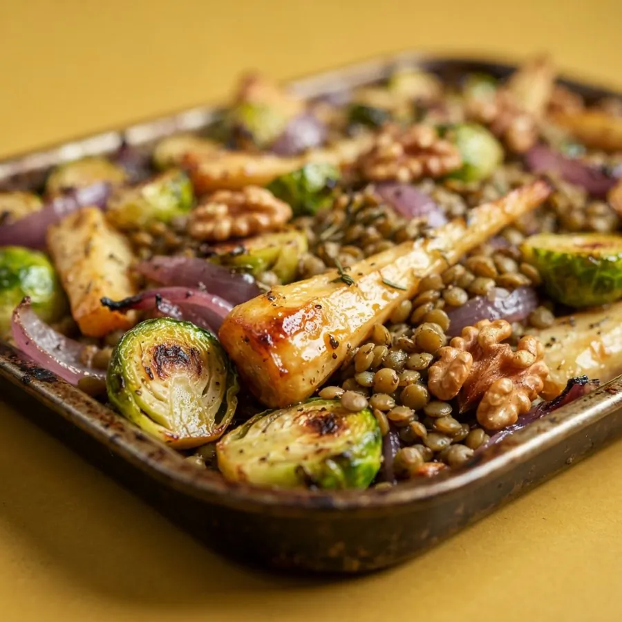 Maple parsnip, sprout and lentil traybake, photo 2