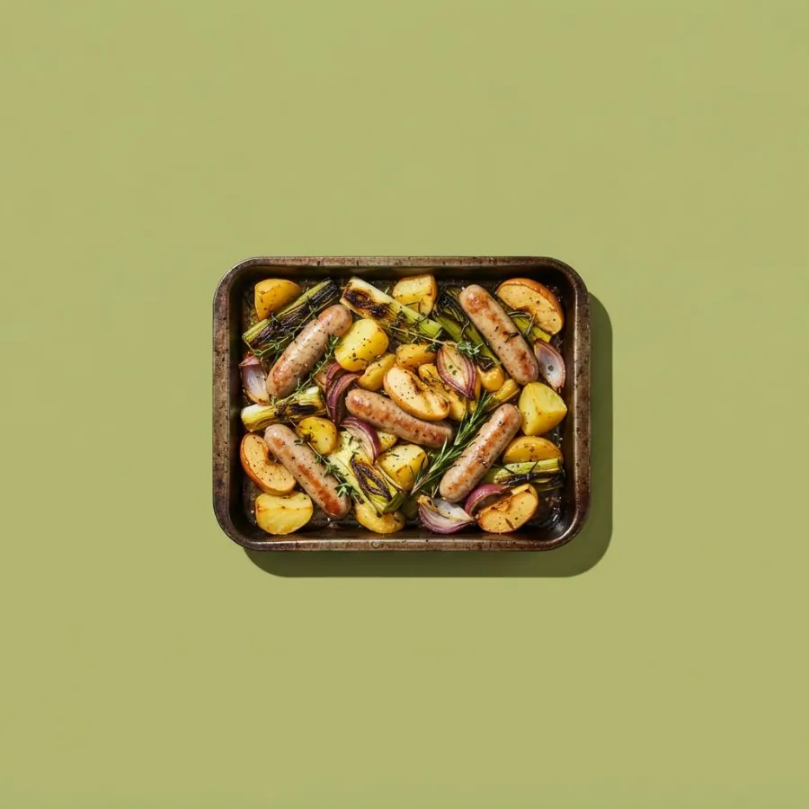 Sausage, leek and apple traybake