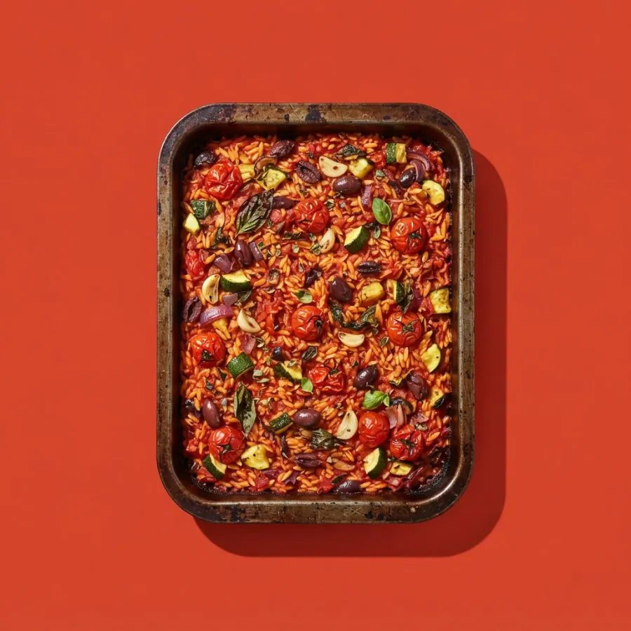 Baked tomato and olive orzo