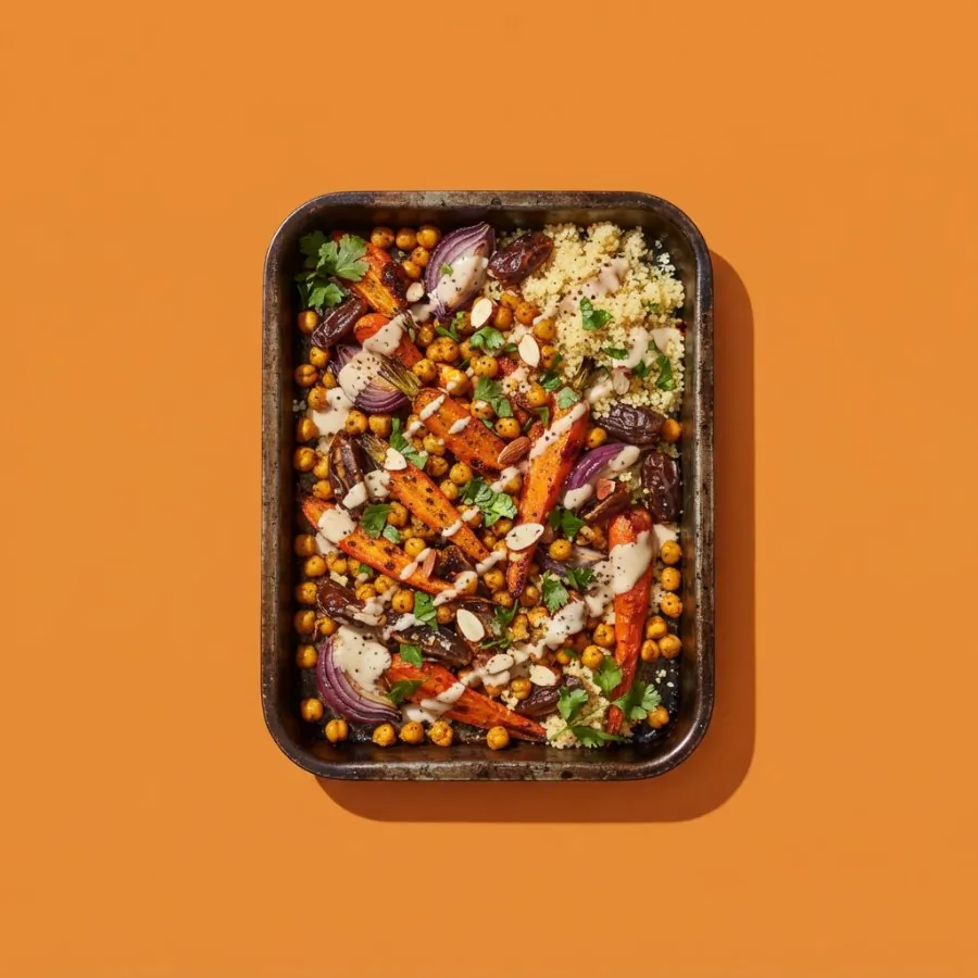 Spiced carrot and chickpea traybake with tahini