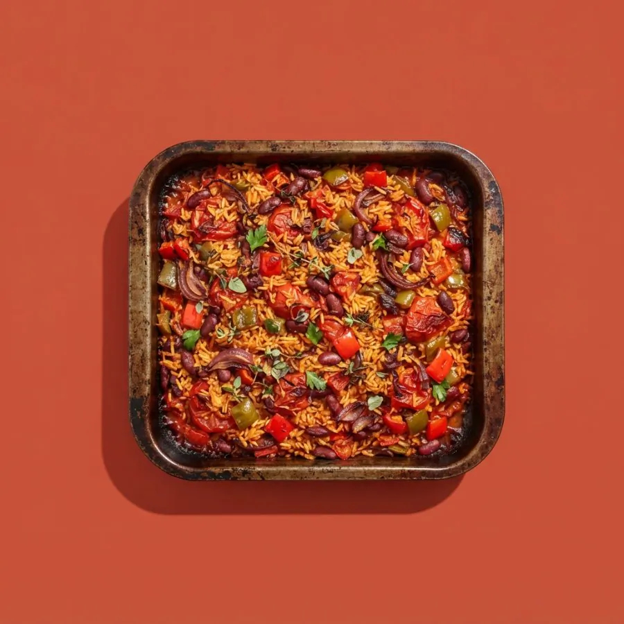 Baked tomato rice with peppers and beans
