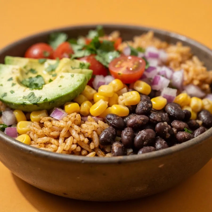Burrito Bowl mit schwarzen Bohnen und Mais, Foto 2