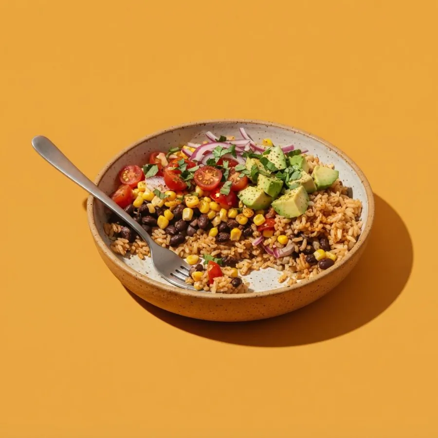 Burrito Bowl mit schwarzen Bohnen und Mais, Foto 3