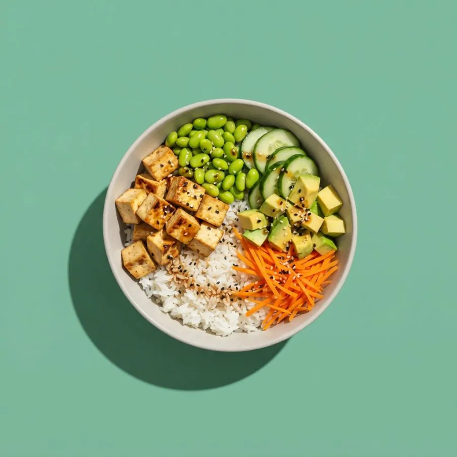 Rice bowl with tofu, edamame and avocado