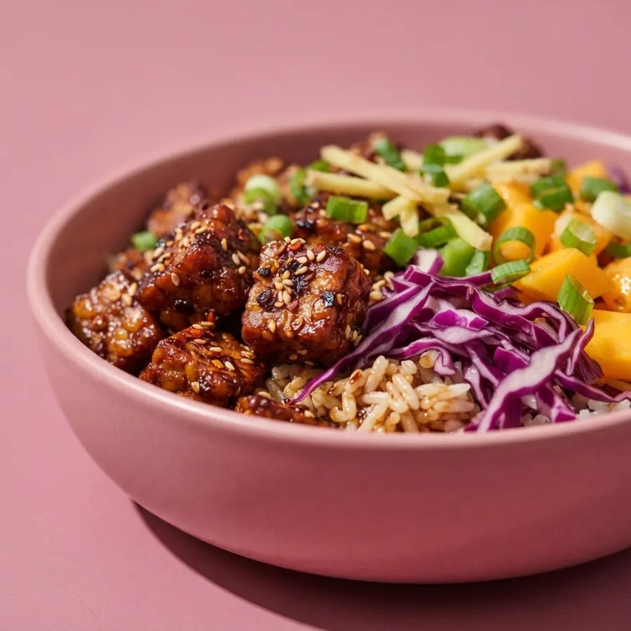 Sticky tempeh bowl with red cabbage and mango, photo 2