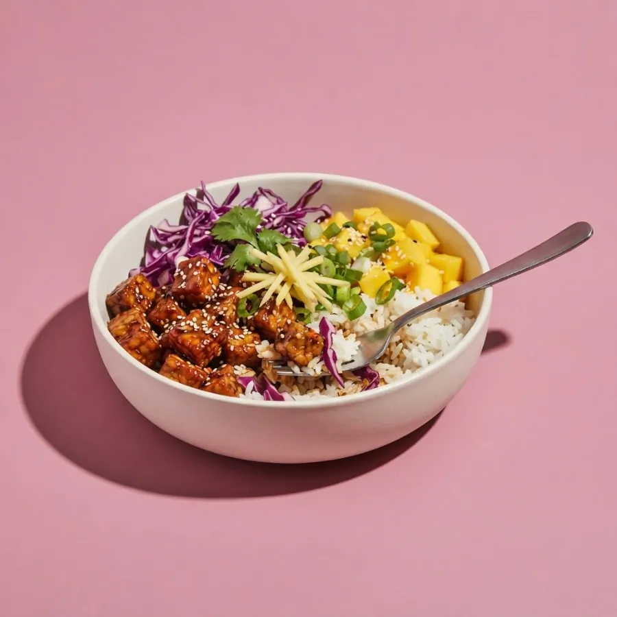 Sticky tempeh bowl with red cabbage and mango, photo 3