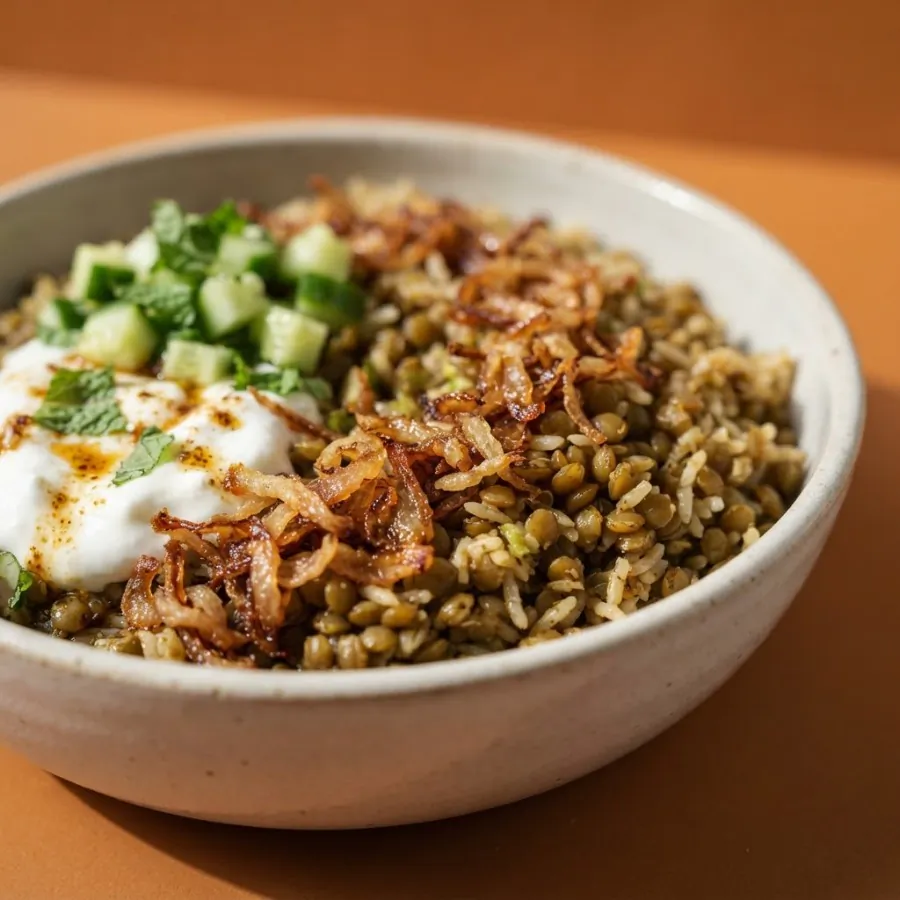 Lentil and rice bowl with crispy onions, photo 2