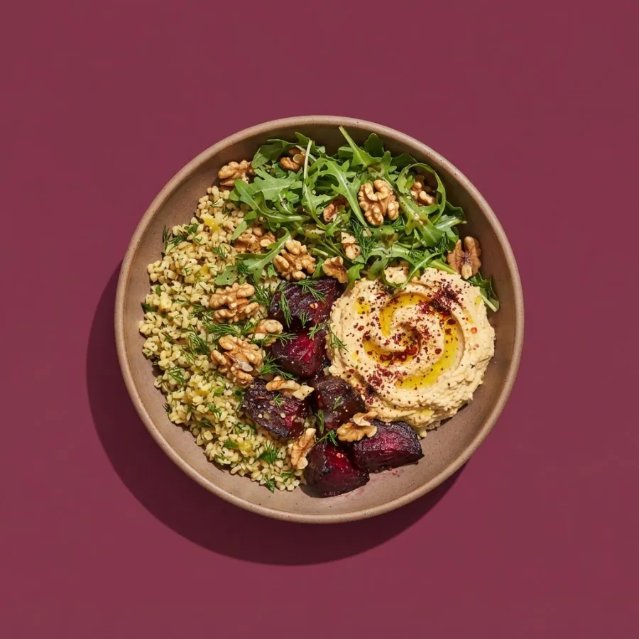 Roast beetroot and bulgur bowl with hummus