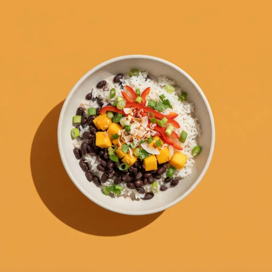Coconut rice bowl with black beans and mango