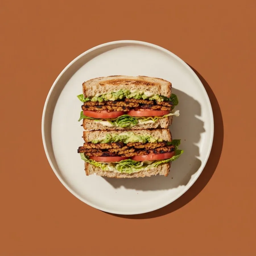 Sándwich de tempeh ahumado, aguacate y tomate
