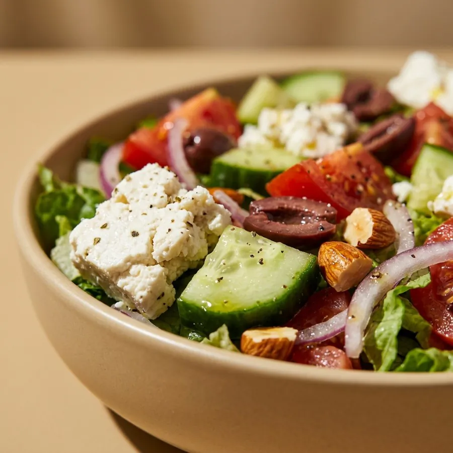 Gurkensalat mit Oliven, veganem Feta und Mandeln, Foto 2