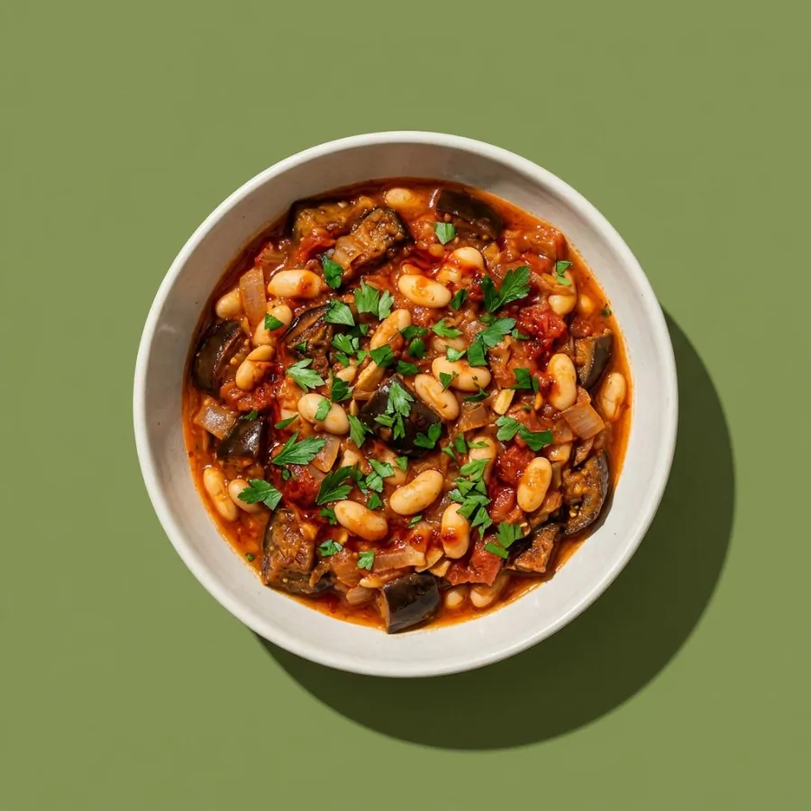 Harissa aubergine and white bean stew