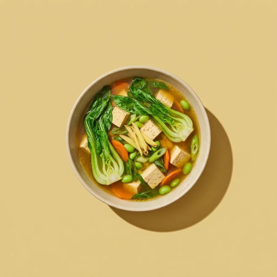 Ginger broth with tofu and greens