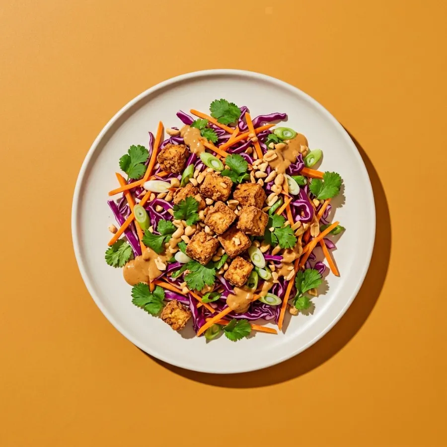 Crispy tofu and red cabbage salad with peanut dressing