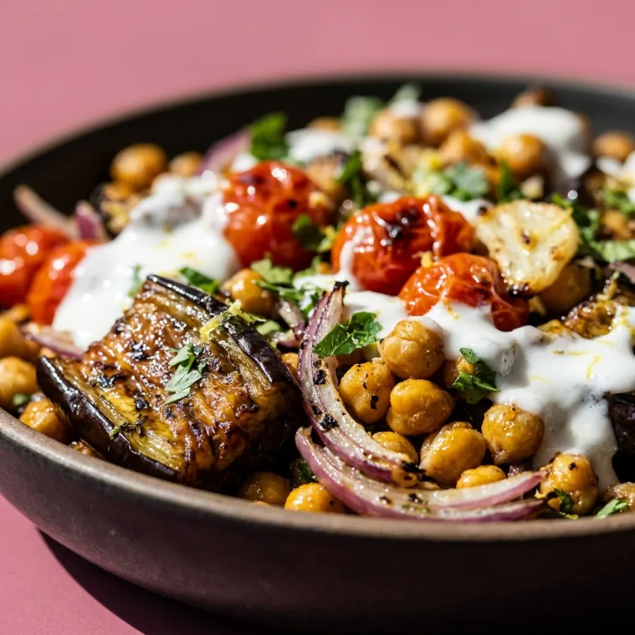 Roast aubergine and chickpea salad with coconut yogurt dressing, photo 2