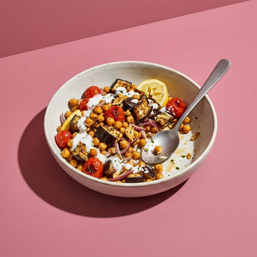 Roast aubergine and chickpea salad with coconut yogurt dressing, photo 3