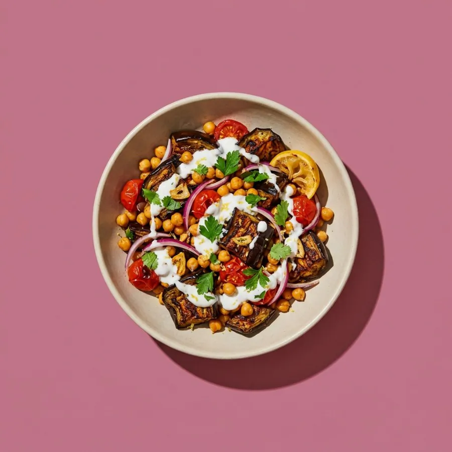 Roast aubergine and chickpea salad with coconut yogurt dressing
