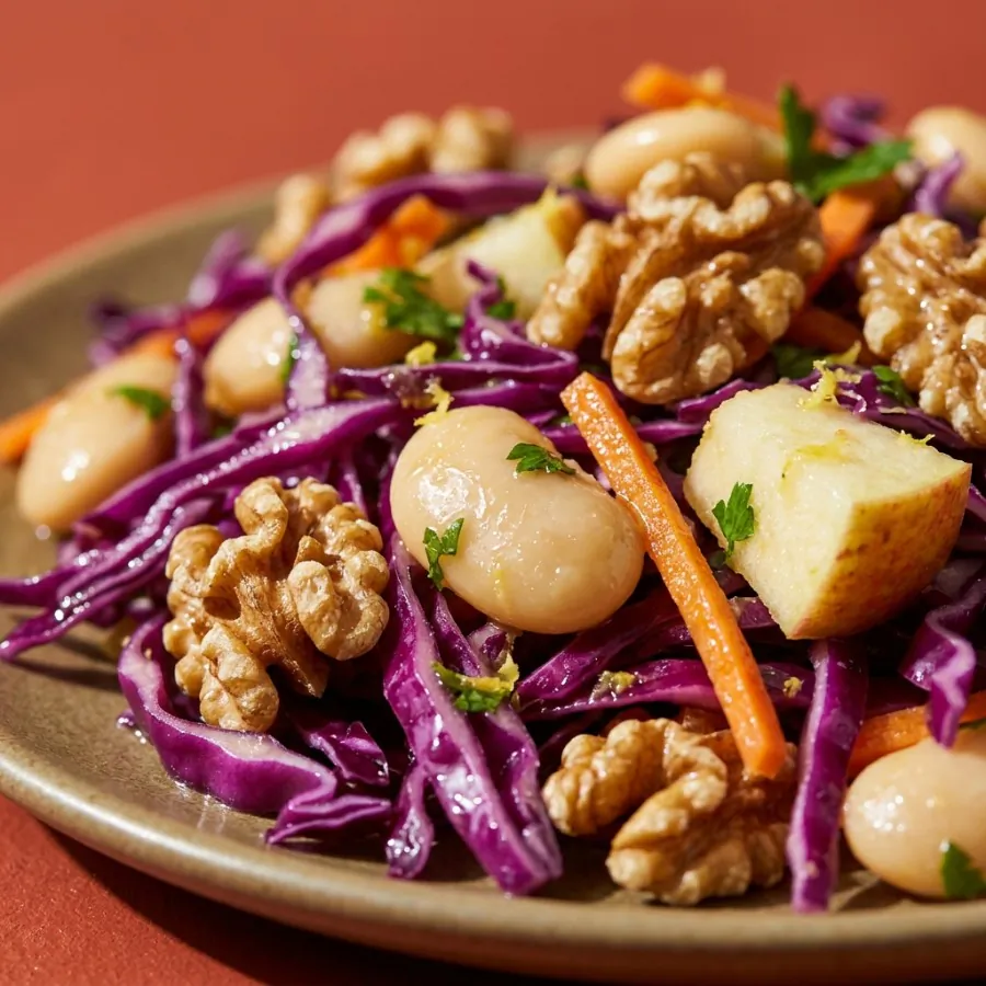 Red cabbage, apple and walnut salad with butter beans, photo 2