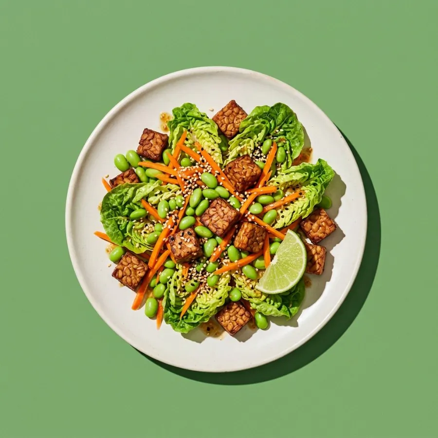 Tempeh, edamame and carrot salad with ginger dressing