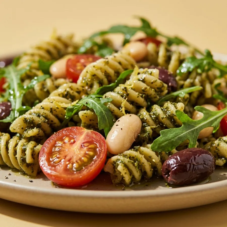 Pesto pasta salad with tomatoes, olives and white beans, photo 2