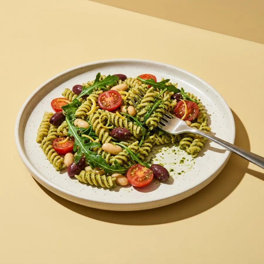 Pesto pasta salad with tomatoes, olives and white beans, photo 3