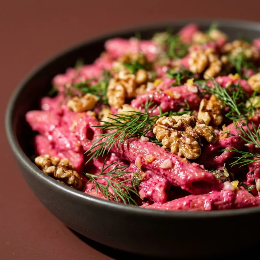 Pink beetroot pasta with walnuts and dill, photo 2