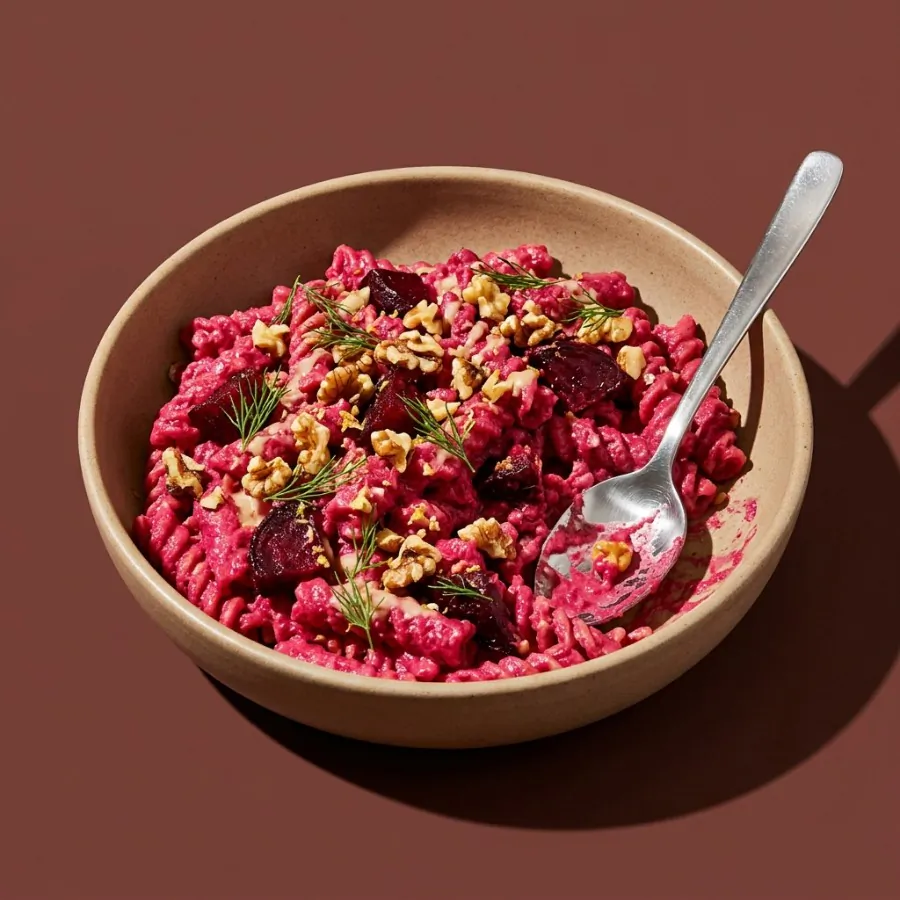 Pink beetroot pasta with walnuts and dill, photo 3