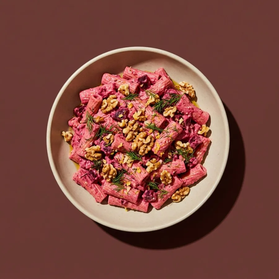 Pink beetroot pasta with walnuts and dill