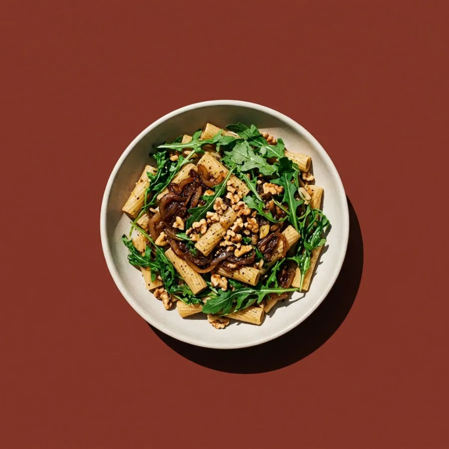 Macarrão com cebola caramelizada e rúcula