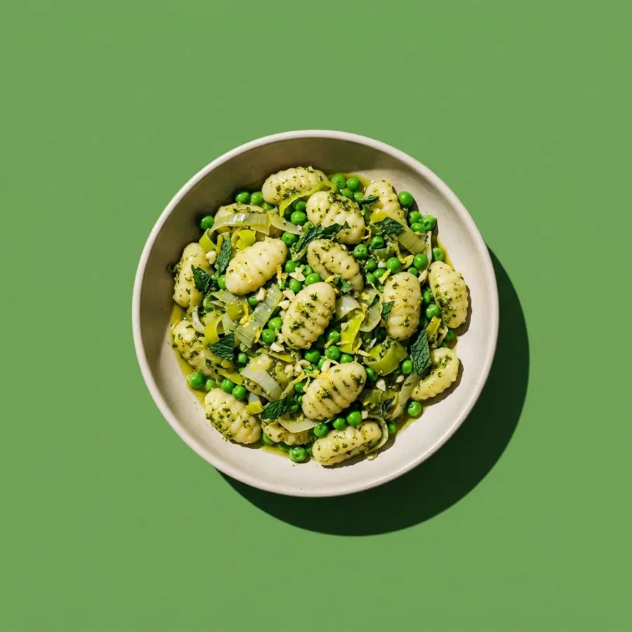 Gnocchi with leeks and peas