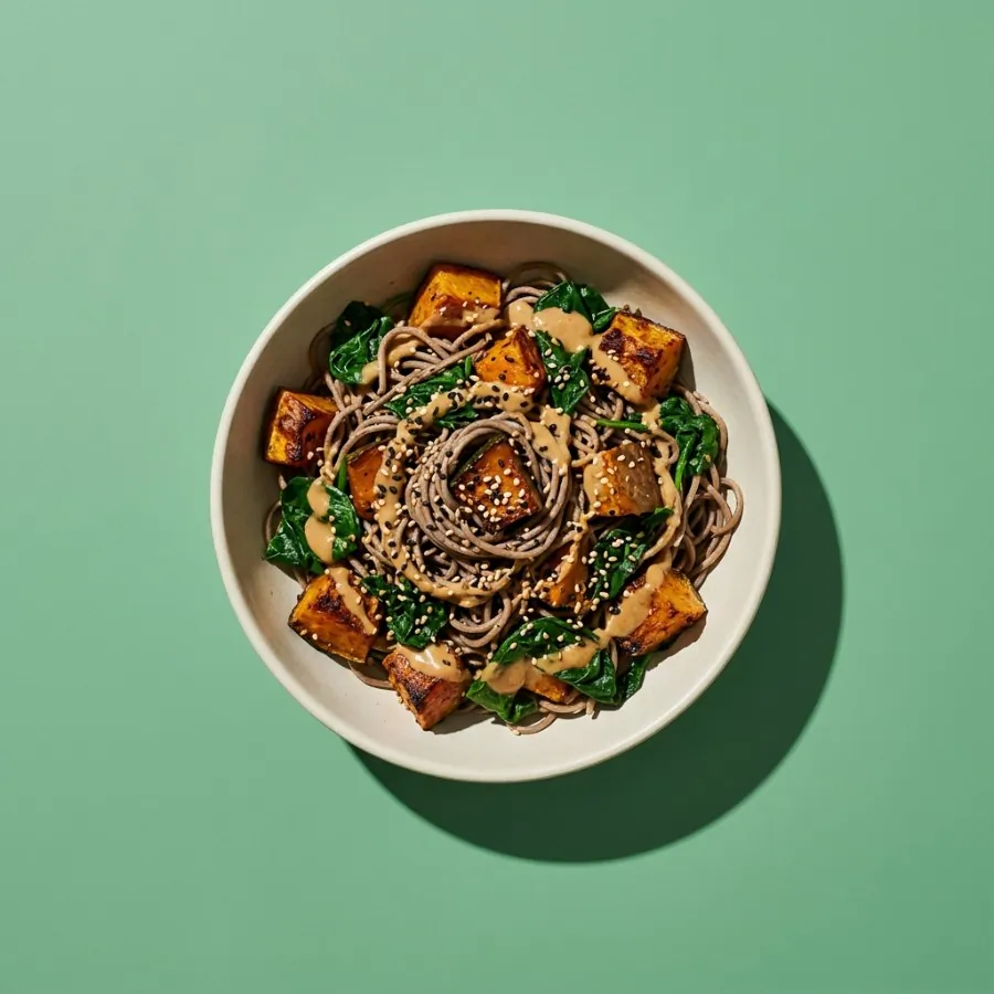 Roast squash soba with miso sesame dressing