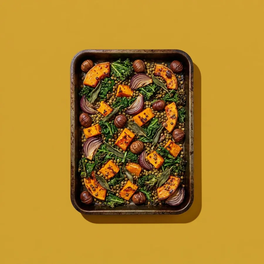 Squash, kale and chestnut traybake with sage