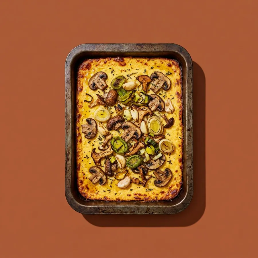 Baked polenta with mushrooms and leeks