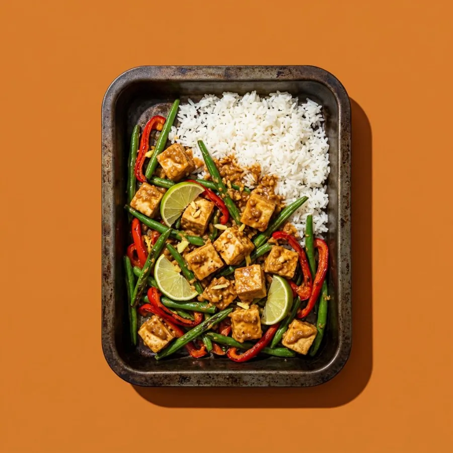 Peanut lime tofu with green beans and rice