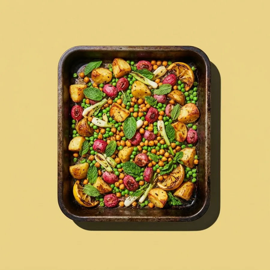 Roast radish, potato and pea traybake with mint