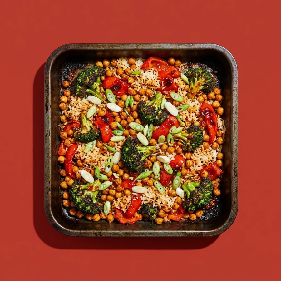 Crispy chilli chickpea and broccoli traybake