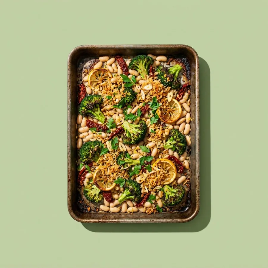 Garlic crumb broccoli and white bean traybake