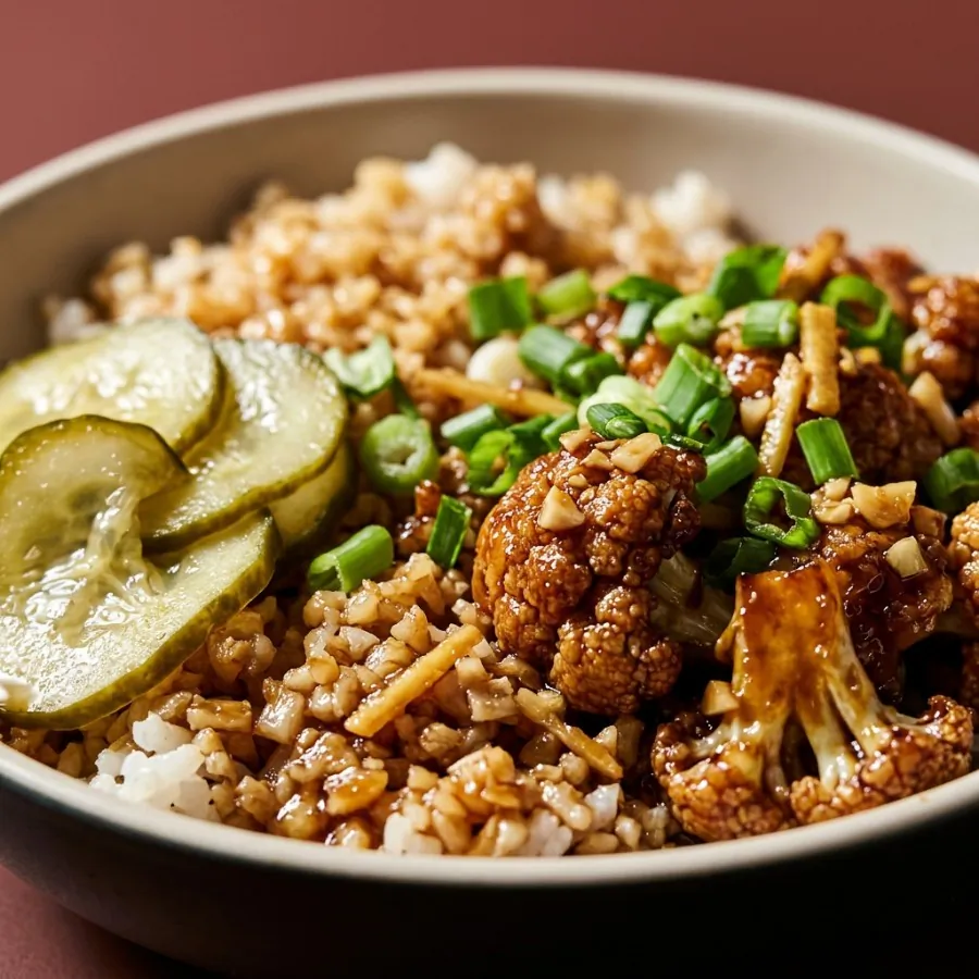 Teriyaki-Blumenkohl-Reisbowl mit eingelegter Salatgurke, Foto 2