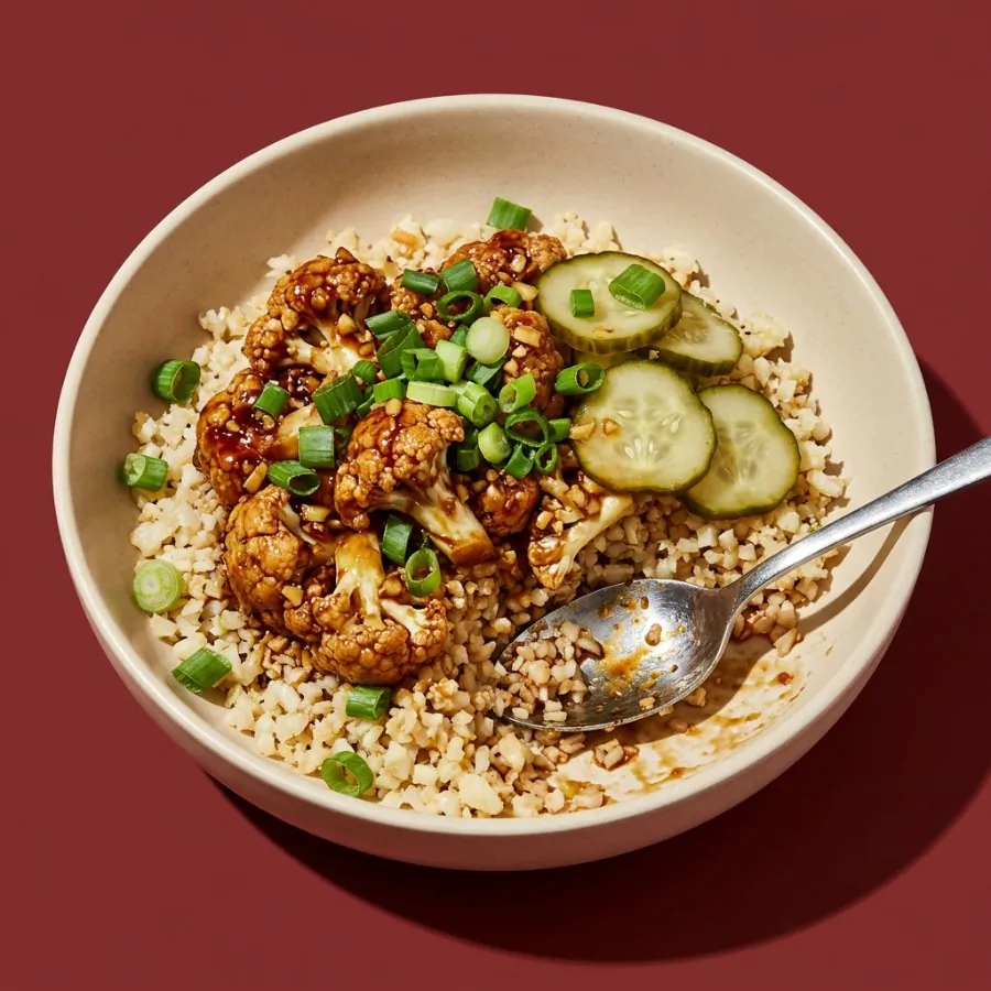 Teriyaki-Blumenkohl-Reisbowl mit eingelegter Salatgurke, Foto 3