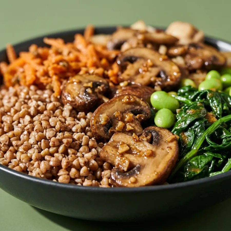 Ciotola di grano saraceno con funghi all'aglio e salsa al miso, foto 2