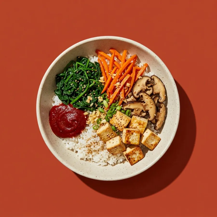 Bibimbap-style rice bowl with spinach and gochujang