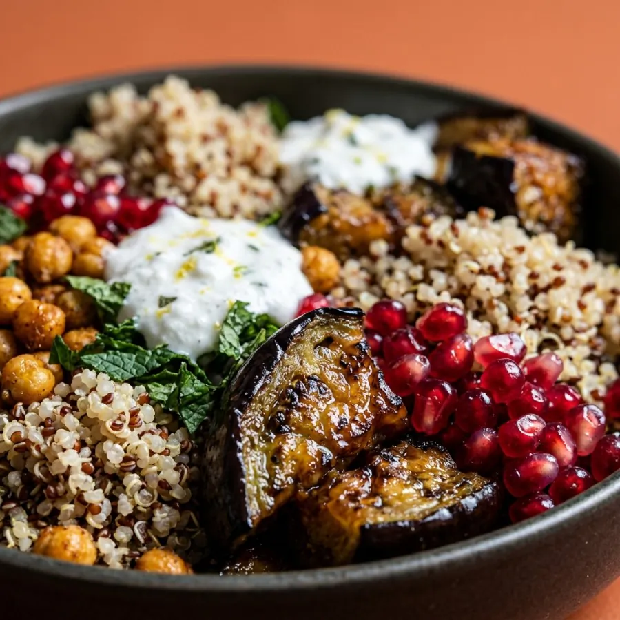 Roast aubergine and quinoa bowl with pomegranate and mint yogurt, photo 2