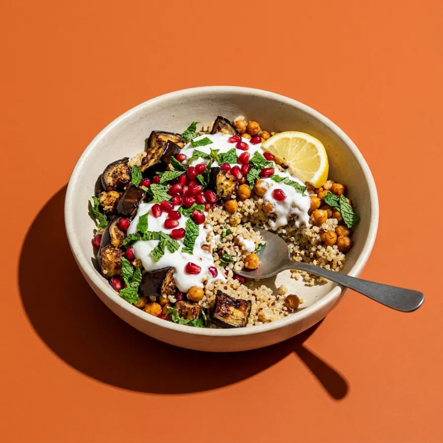Roast aubergine and quinoa bowl with pomegranate and mint yogurt, photo 3