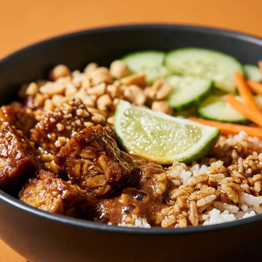 Satay tempeh bowl with rice and cucumber, photo 2
