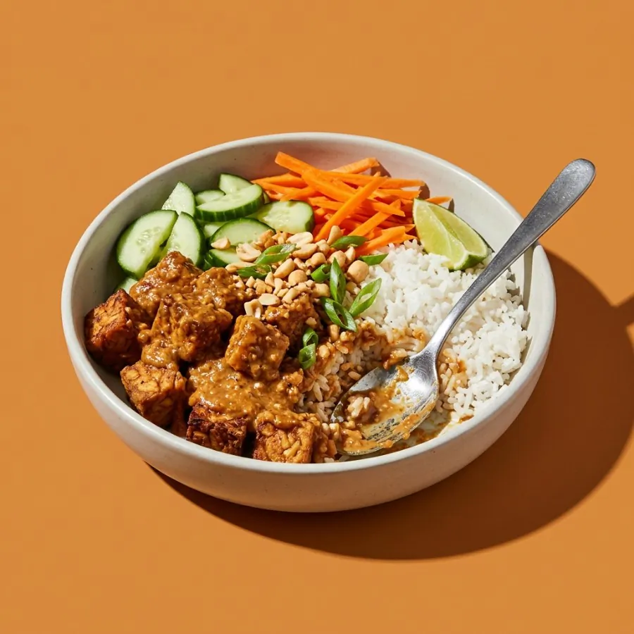 Satay tempeh bowl with rice and cucumber, photo 3