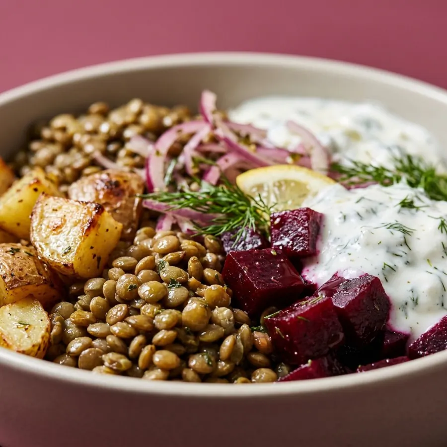 Kartoffel-Linsen-Bowl mit Roter Bete und Dilljoghurt, Foto 2