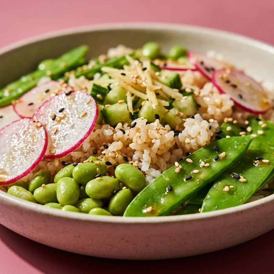Mangetout, radish and edamame rice bowl with ginger dressing, photo 2
